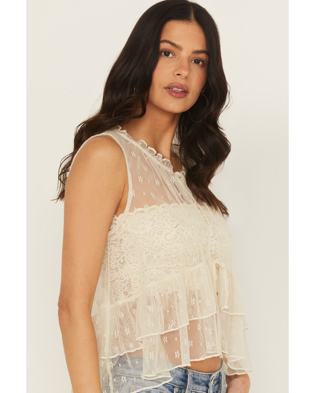Image #2 - Originality Women's Lace Tie-Front Sleeveless Ruffle Top, Cream, hi-res
