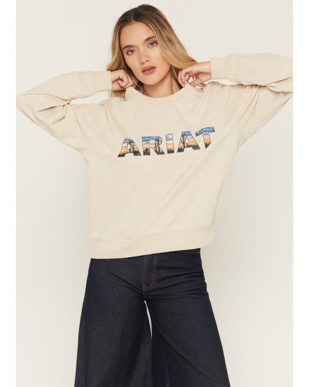 Ariat Women's Landscape Logo Crew Neck Sweatshirt, Grey, hi-res