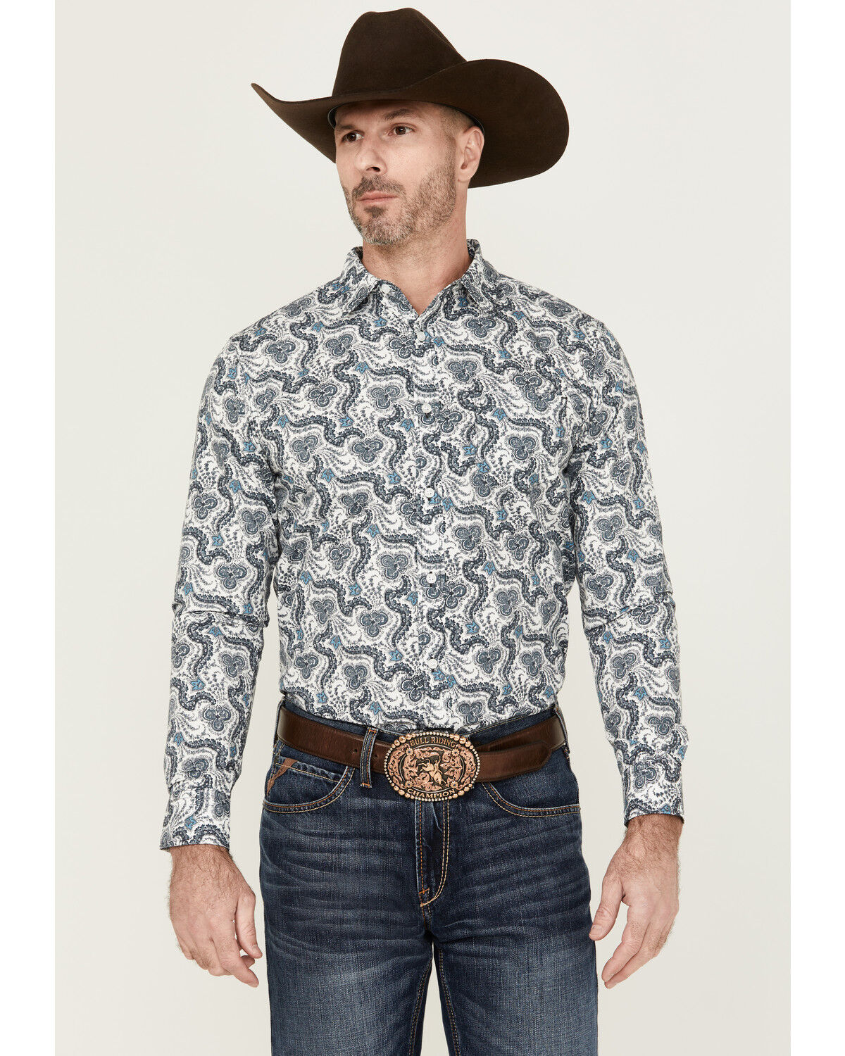 Image #1 - Gibson Men's Pop Paisley Print Long Sleeve Button-Down Western Shirt, Grey, hi-res