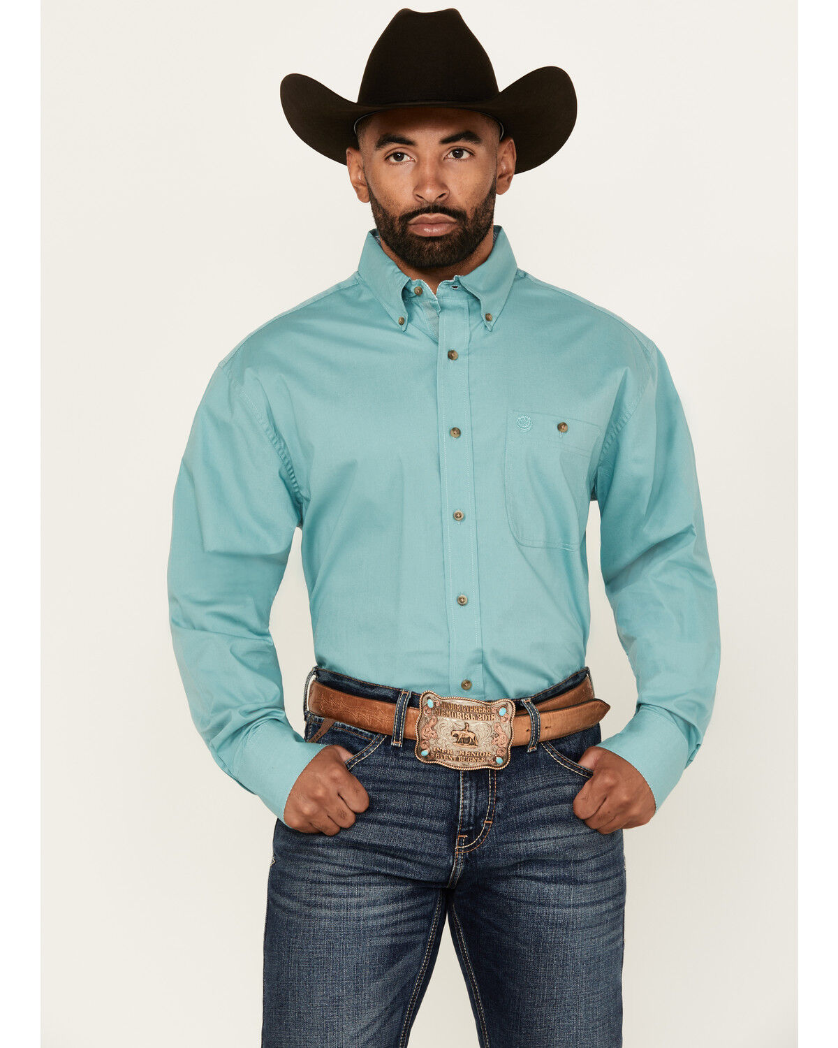 Image #1 - George Strait by Wrangler Men's Solid Long Sleeve Button-Down Stretch Western Shirt, Turquoise, hi-res