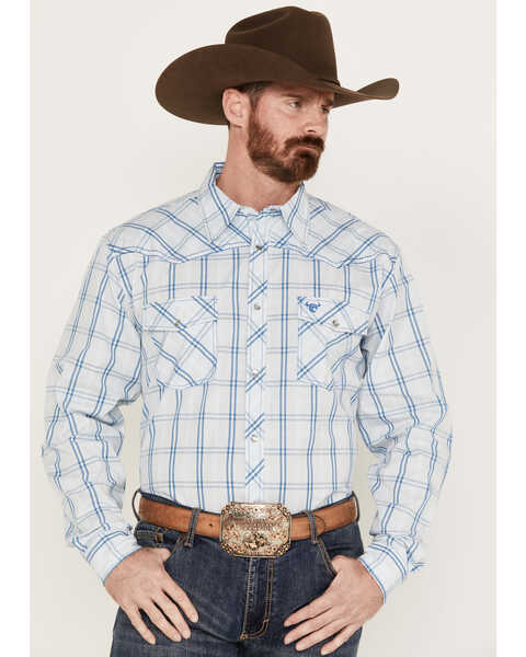 Image #1 - Cowboy Hardware Men's Plaid Print Long Sleeve Western Pearl Snap Shirt, White, hi-res