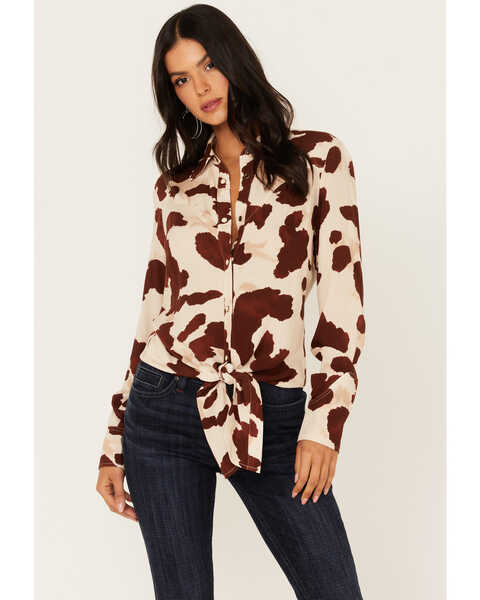 Image #1 - Idyllwind Women's Cow Print Tie Front Long Sleeve Western Shirt, Cream, hi-res