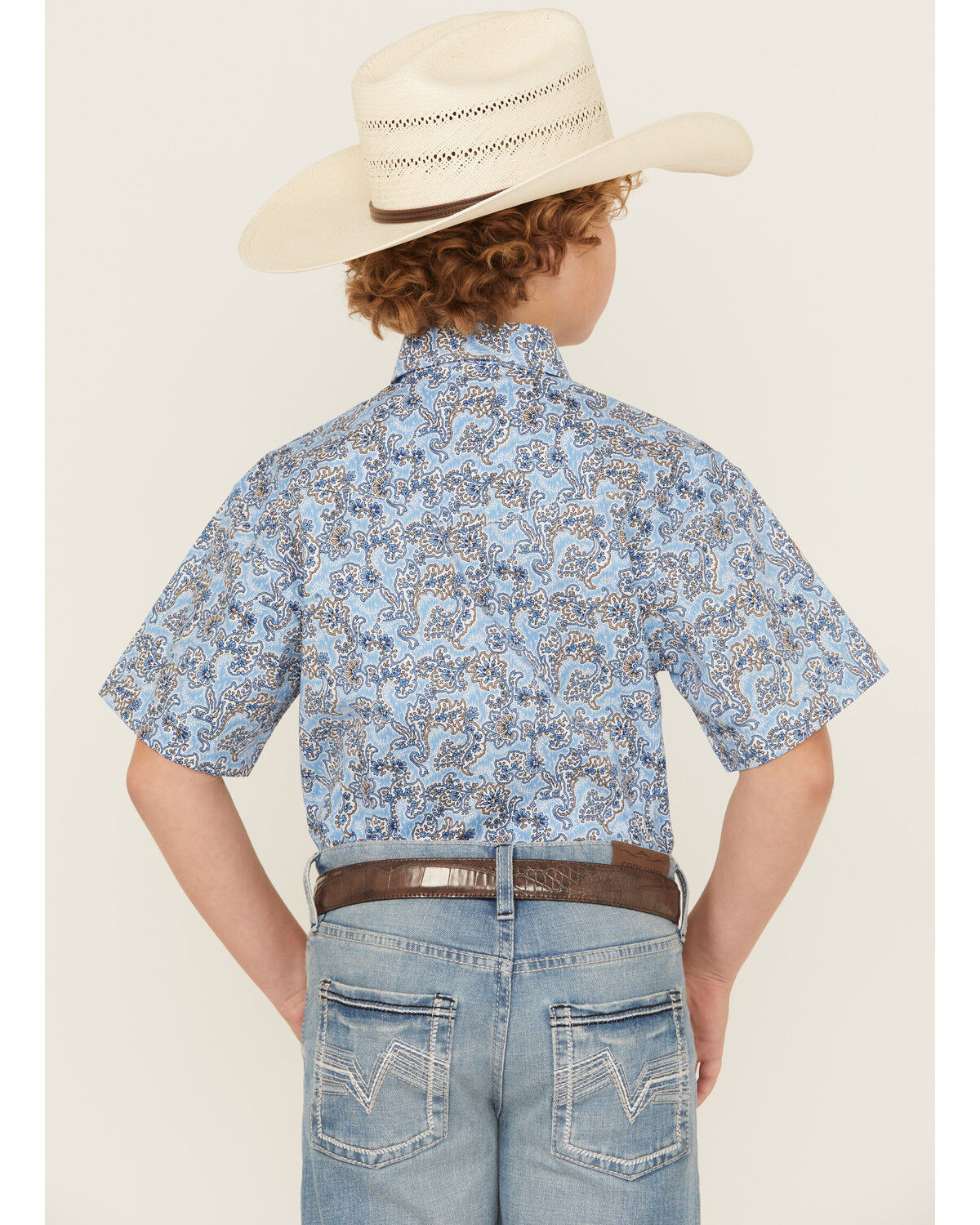 Image #4 - Rock & Roll Boys' Paisley Print Short Sleeve Pearl Snap Stretch Western Shirt, Blue, hi-res