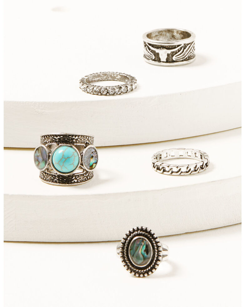 Shyanne Women's Silver Longhorn & Turquoise Abalone 5-piece Ring Set, Silver, hi-res