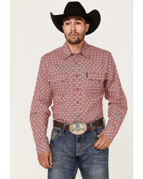 Image #1 - Cinch Men's Modern Fit Floral Diamond Geo Print Long Sleeve Snap Western Shirt , Red, hi-res