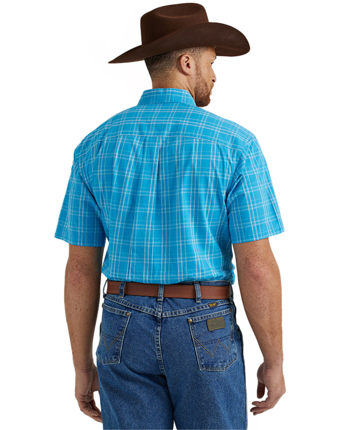 Image #3 - George Strait by Wrangler Men's Plaid Print Short Sleeve Button-Down Stretch Western Shirt, Bright Blue, hi-res