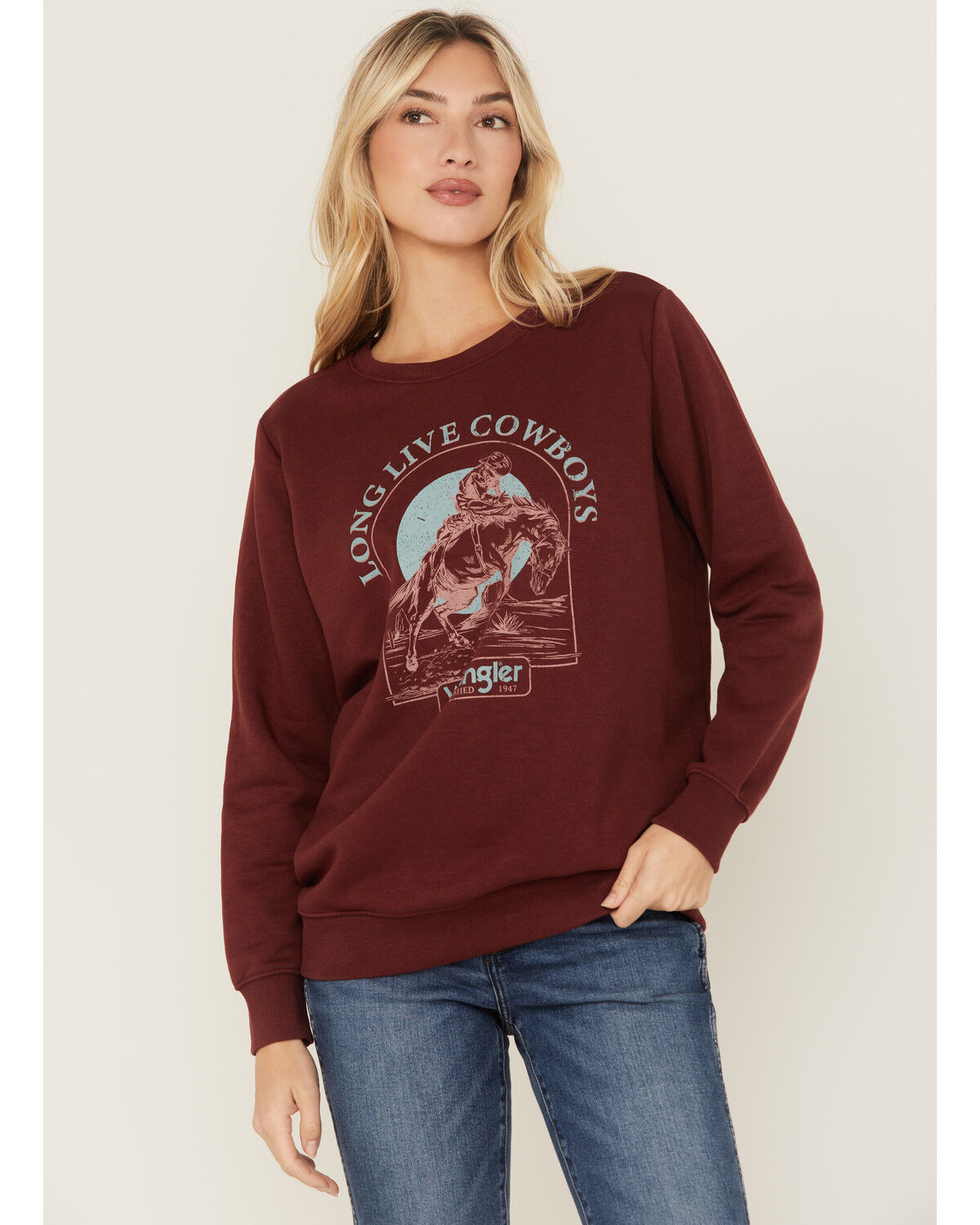 Image #1 - Wrangler Women's Boot Barn Exclusive Long Live Cowboys Graphic Crewneck, Burgundy, hi-res