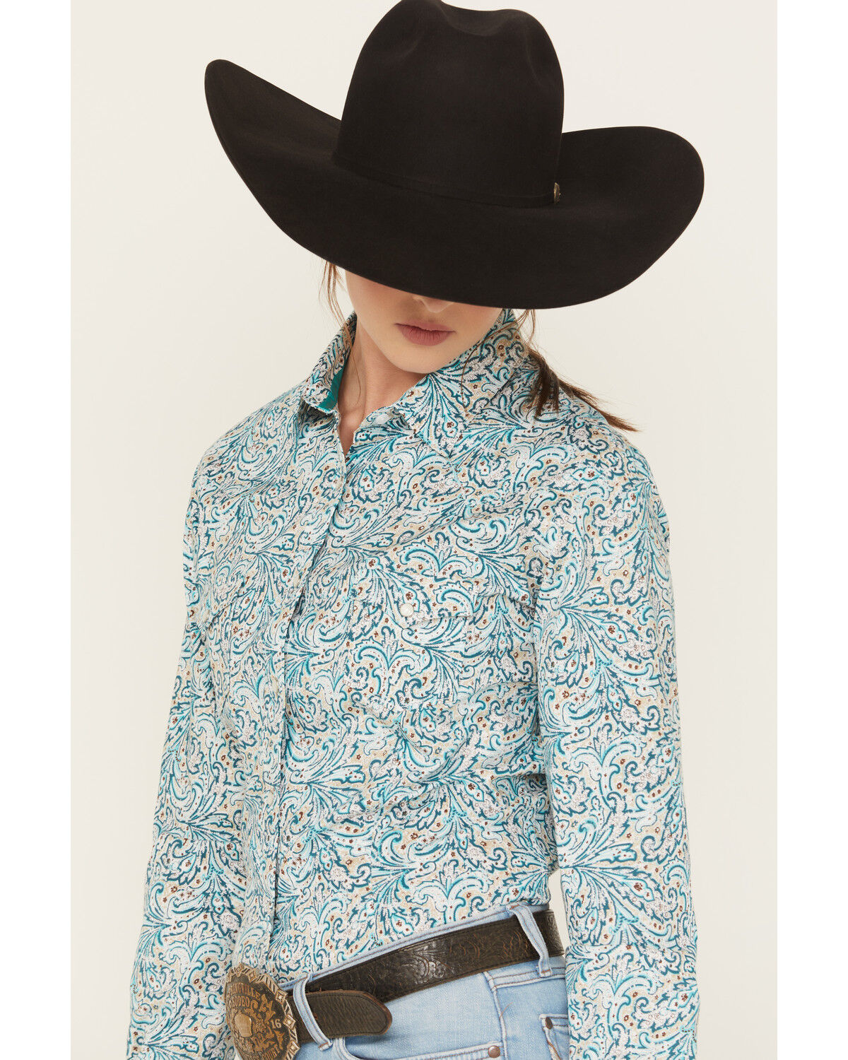Image #2 - Rough Stock by Panhandle Women's Paisley Print Long Sleeve Pearl Snap Stretch Western Shirt, Turquoise, hi-res
