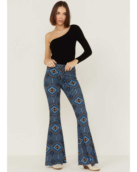 Rock & Roll Denim Women's Southwestern Stripe Flare Jeans, Blue, hi-res