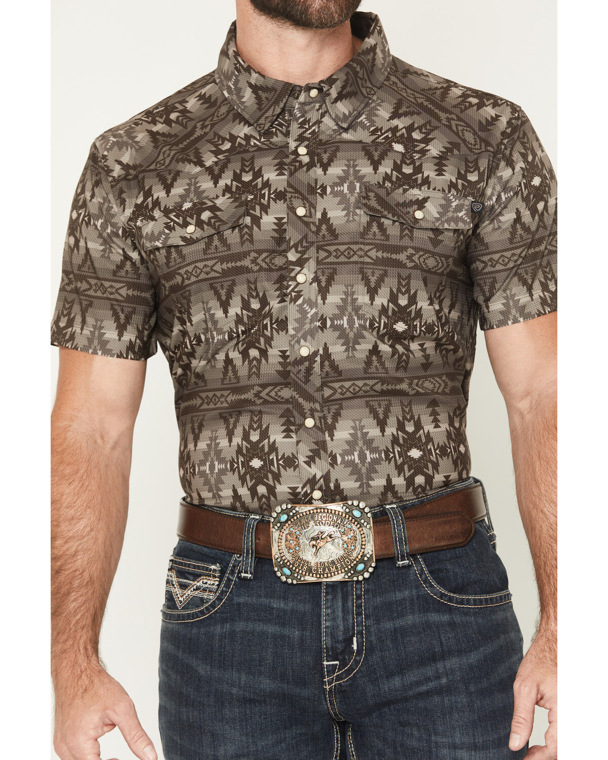 Image #3 - Rock & Roll Denim Men's Tek Southwestern Print Short Sleeve Snap Stretch Western Shirt, Brown, hi-res