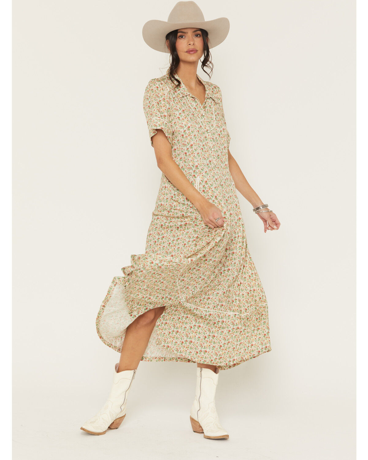 Image #1 - Sendero Provisions Women's La Dahlia Floral Print Short Sleeve Midi Dress, Cream, hi-res