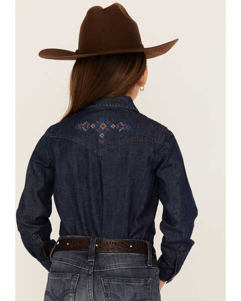 Wrangler Girls' Dark Wash Embroidered Long Sleeve Western Denim Snap Shirt, Blue, hi-res