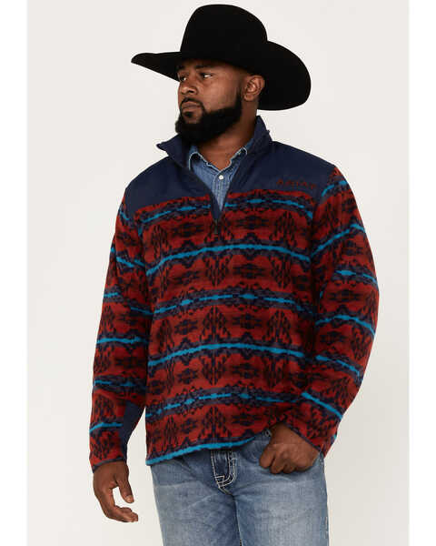 Ariat Men's Ocean Depths Southwestern Print Basis 2.0 1/4 Zip Front Fleece Pullover - Tall, Red, hi-res