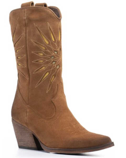 Golo Women's Contrasting Inlaid Sun Western Boots - Pointed Toe, Camel, hi-res