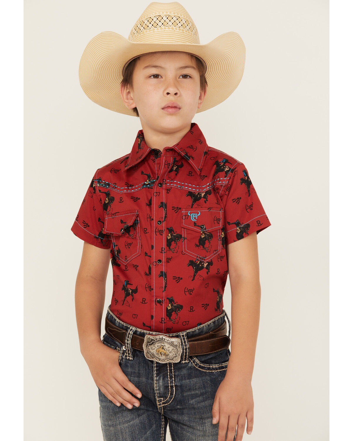Image #1 - Cowboy Hardware Boys' Bronc Print Short Sleeve Snap Stretch Western Shirt, Brown, hi-res