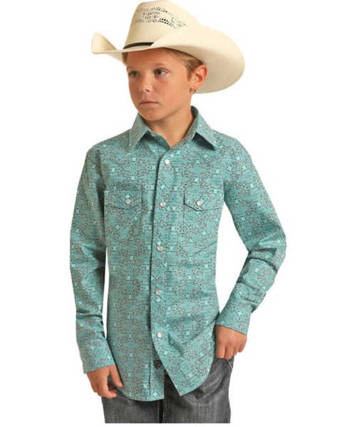 Panhandle Boys' Medallion Print Long Sleeve Western Shirt, Turquoise, hi-res