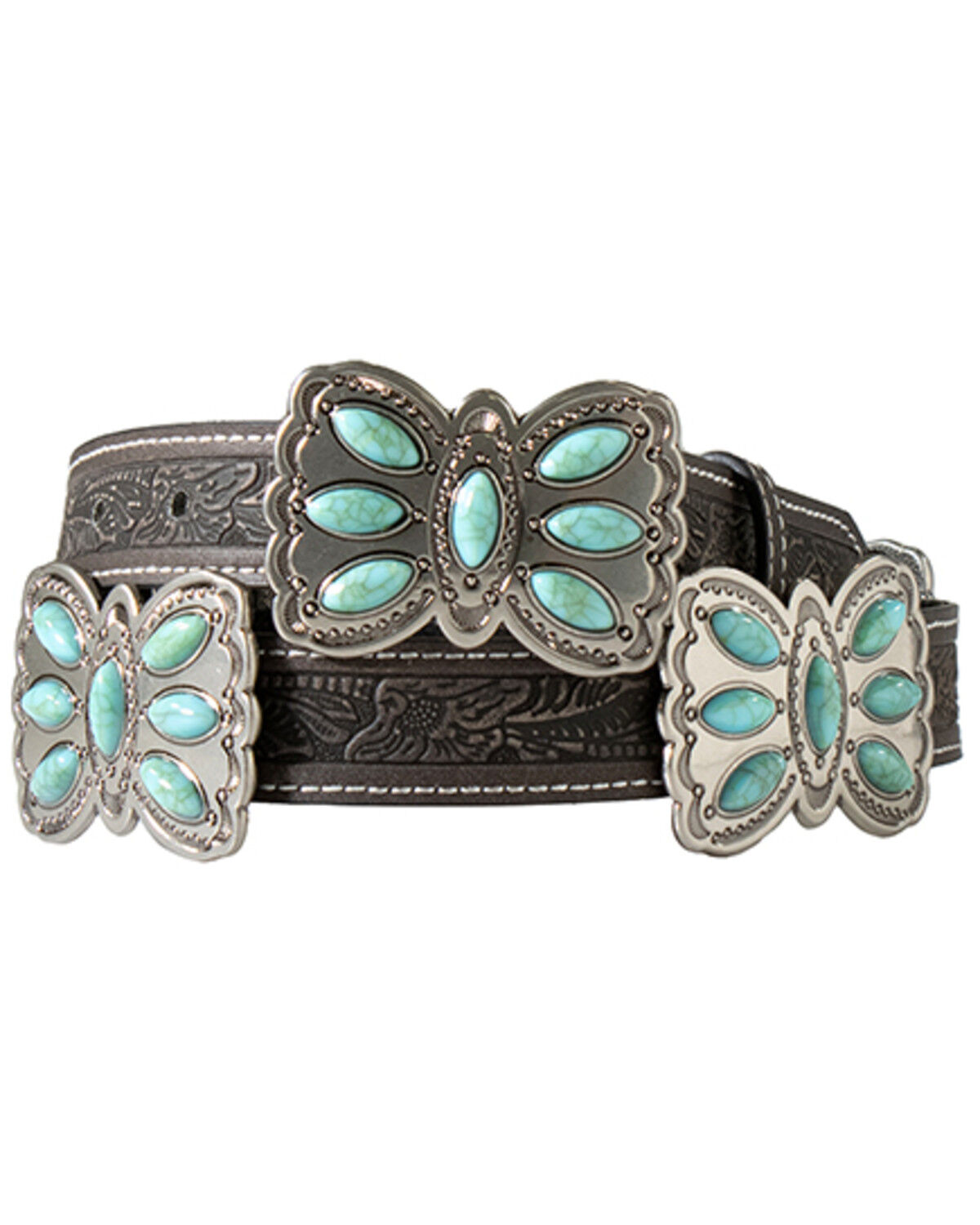 Image #1 - Angel Ranch Women's Floral Concho Tooled Belt, Black, hi-res