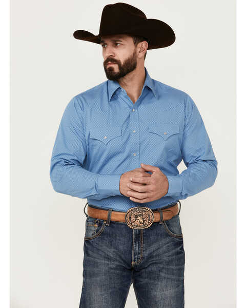Image #1 - Ely Walker Men's Geo Print Long Sleeve Pearl Snap Western Shirt - Big , Blue, hi-res