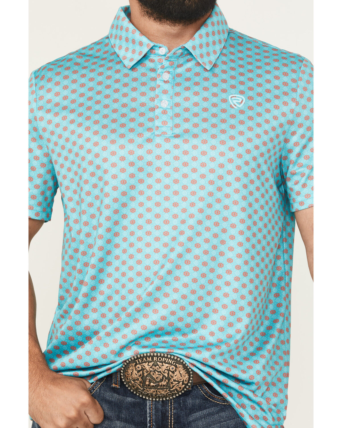 Image #3 - Rock & Roll Denim Men's Geo Print Short Sleeve Button-Down Stretch Polo Shirt, Teal, hi-res
