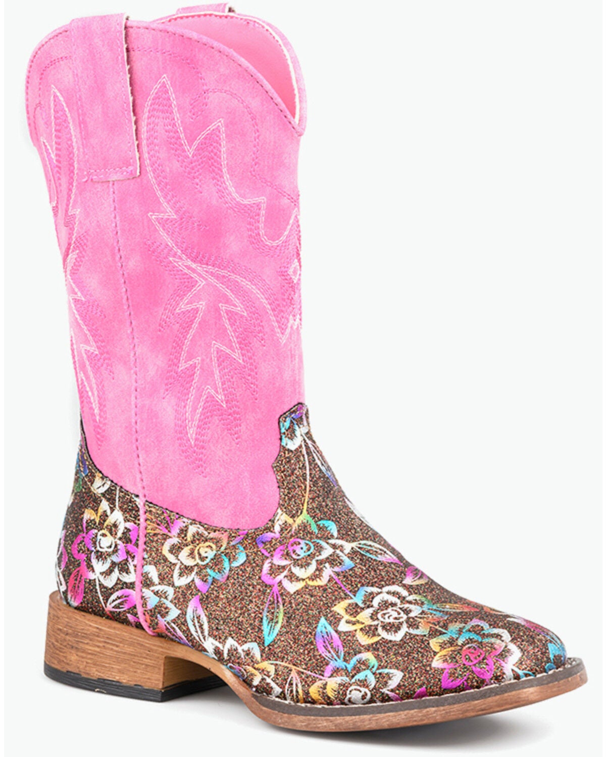 Image #1 - Roper Little Girls' Glitter Rose Western Boots - Broad Square Toe, Brown, hi-res