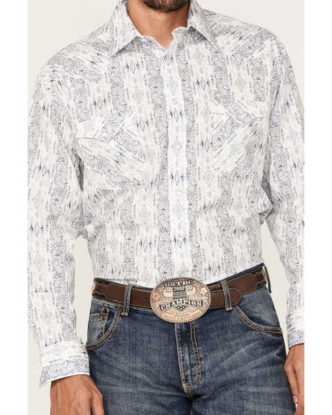 Image #3 - Rough Stock By Panhandle Men's Stretch Vertical Paisley Print Long Sleeve Pearl Snap Western Shirt , Light Blue, hi-res