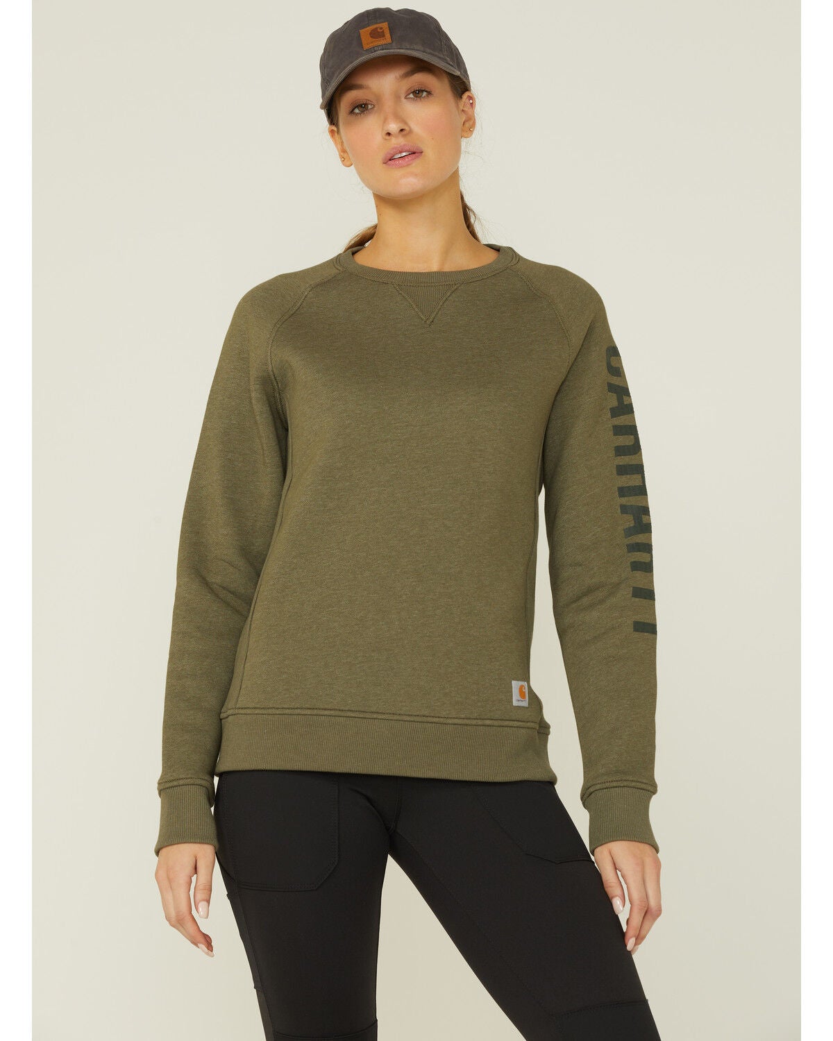 Image #1 - Carhartt Women's Solid Block Logo Midweight Relaxed Pullover Sweatshirt, Olive, hi-res