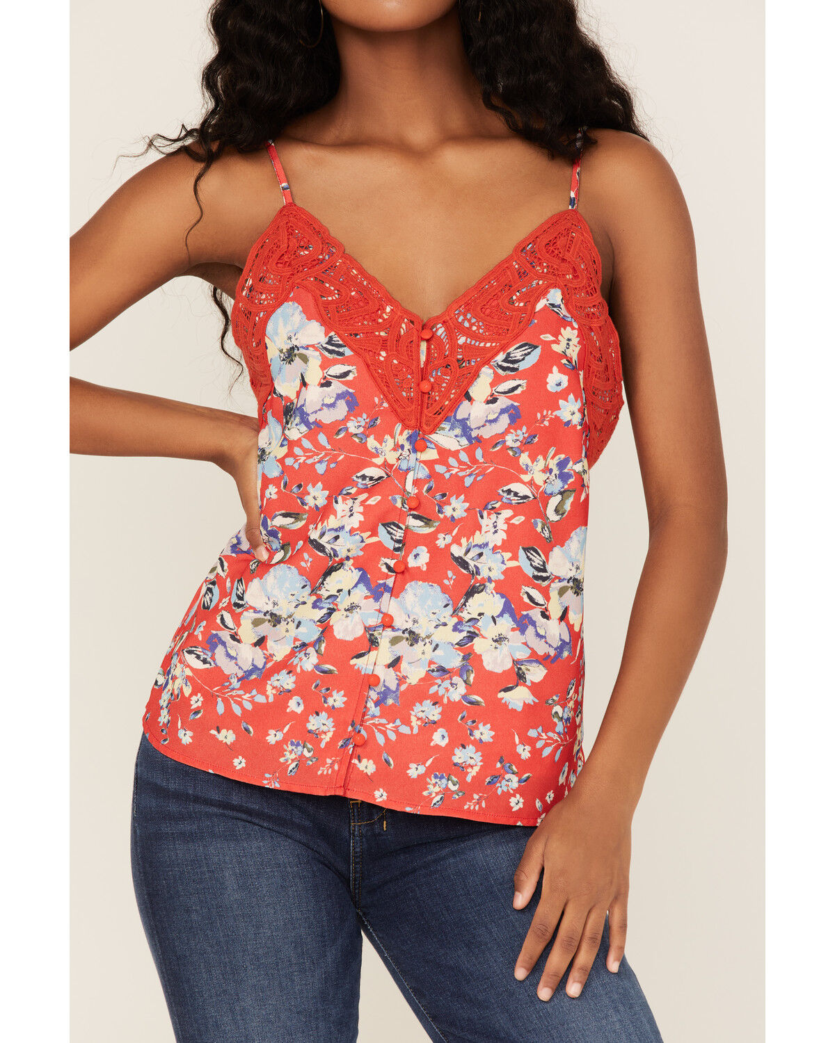 Image #3 - Miss Me Women's Floral Lace Cami, Red, hi-res