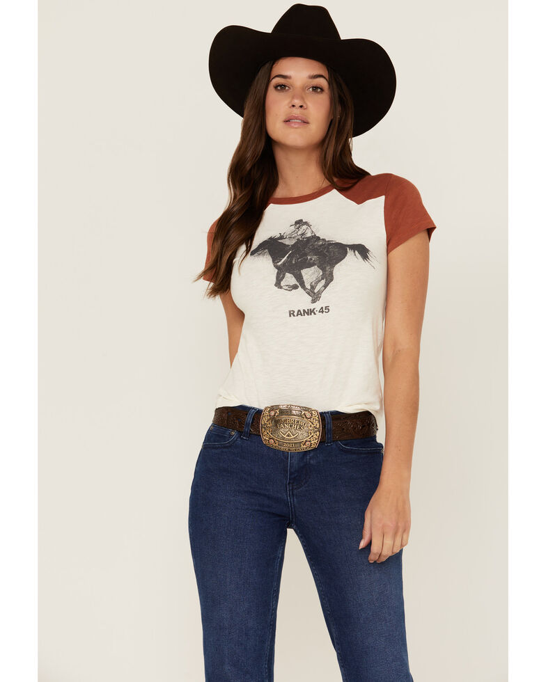 Rank 45 Women's Horse Rider Graphic Raglan Western Yoke Tee, Ivory, hi-res