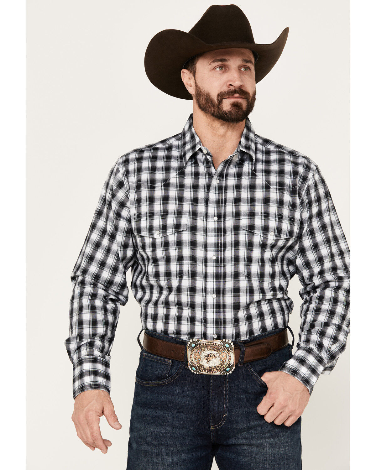 Image #1 - Wrangler Men's Plaid Print Long Sleeve Pearl Snap Western Shirt, , hi-res