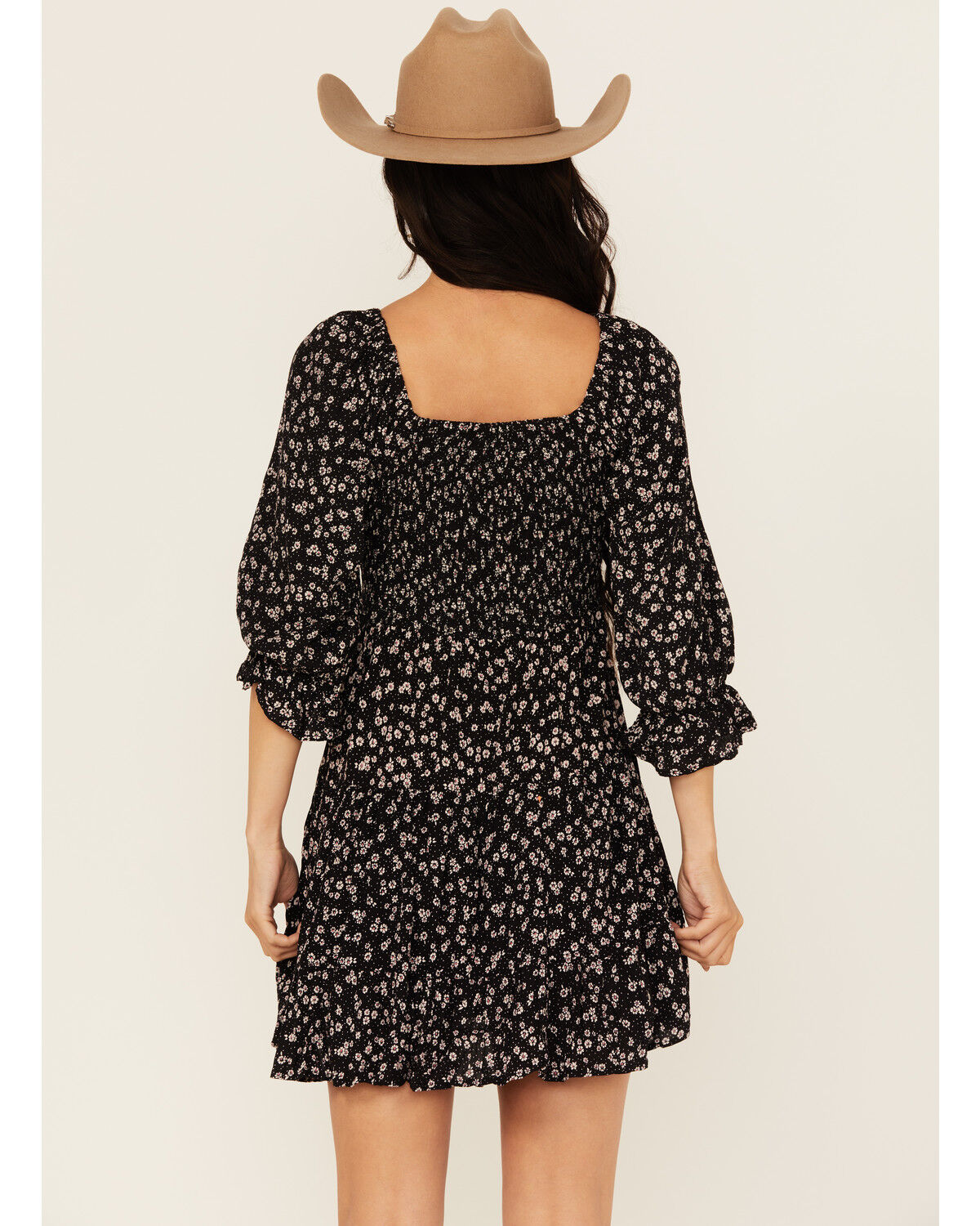 Image #4 - Angie Women's Floral Print Knot Front Mini Dress, Black, hi-res