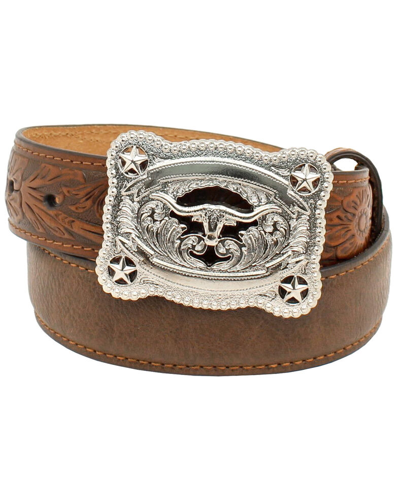 Nocona Boys' Tooled Billet Longhorn Buckle Belt, Brown, hi-res