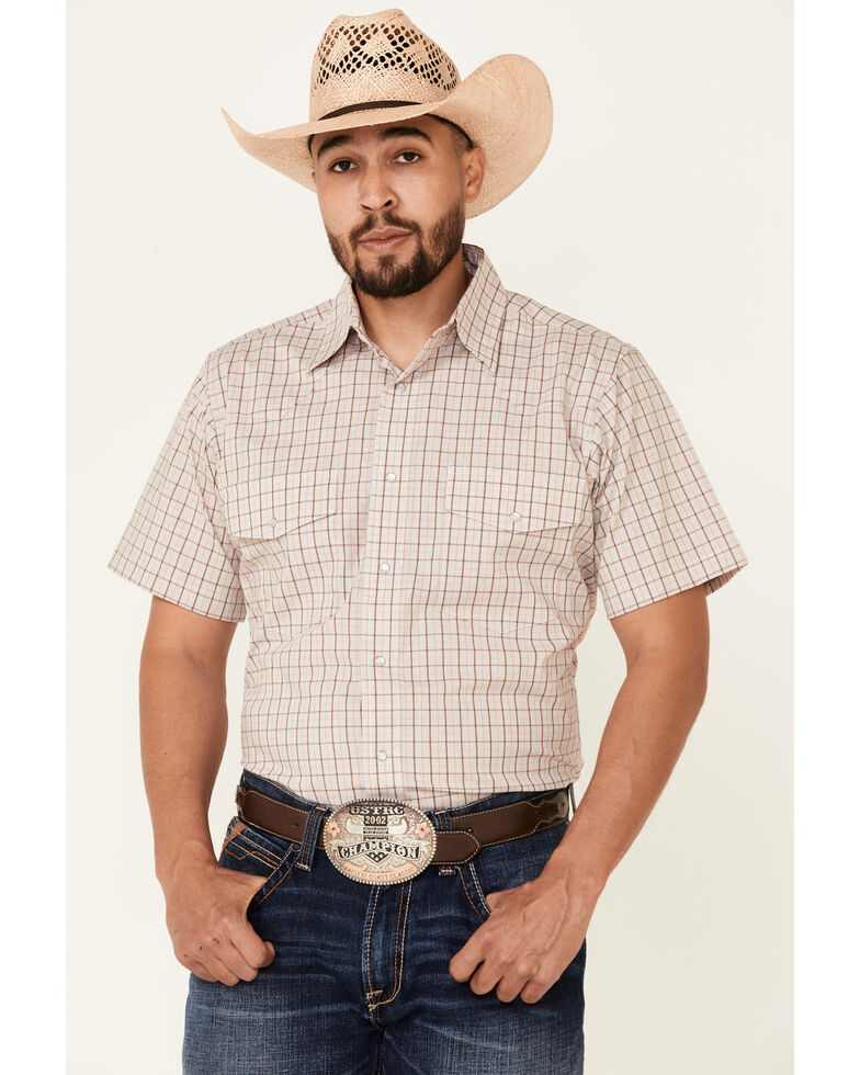 Wrangler Men's Brown Small Plaid Wrinkle Resist Short Sleeve Snap Western Shirt , Brown, hi-res