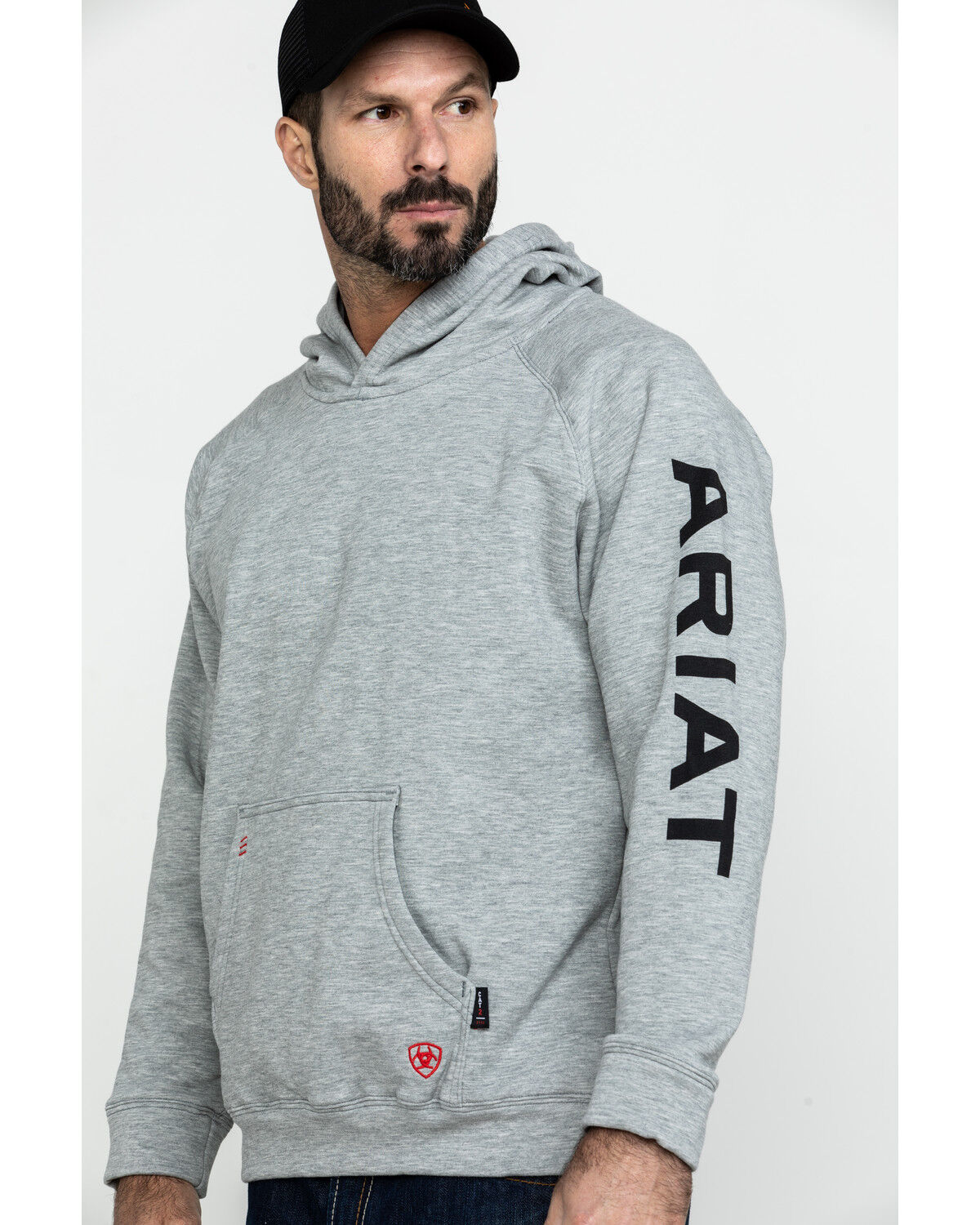 Image #1 - Ariat Men's FR Primo Fleece Logo Hooded Work Sweatshirt, Heather Grey, hi-res