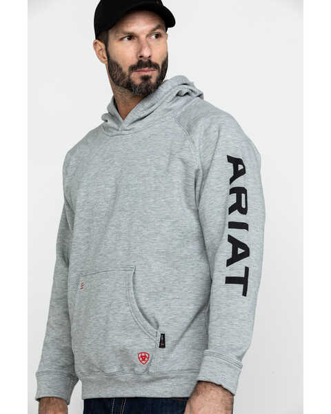 Image #1 - Ariat Men's FR Primo Fleece Logo Hooded Work Sweatshirt , Heather Grey, hi-res