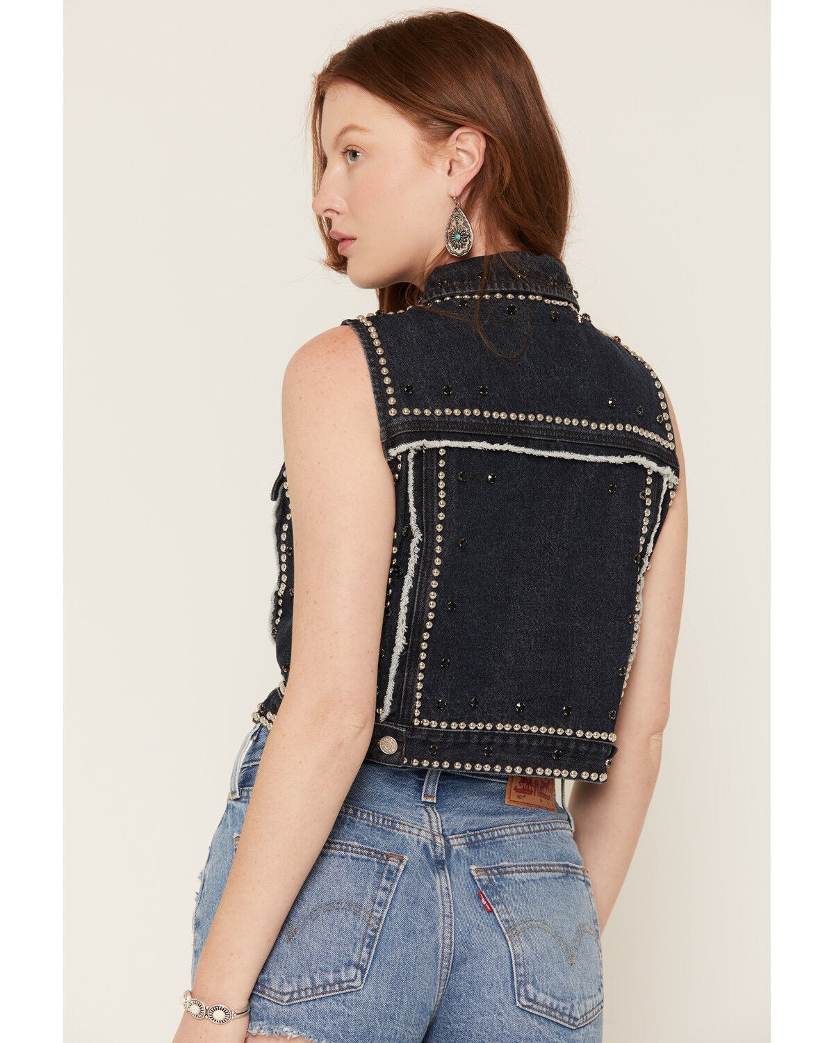 Image #4 - Azalea Wang Women's Zena Studded Denim Trucker Vest, Dark Wash, hi-res