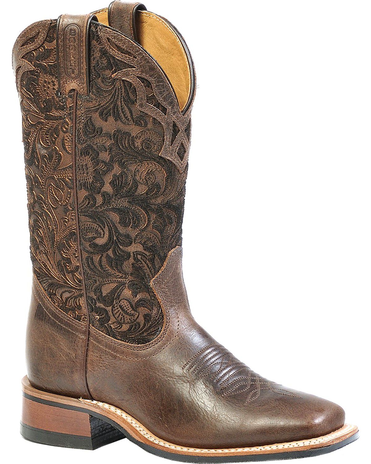 Boulet Floral Embossed Cowgirl Boots - Square Toe, Wood, hi-res