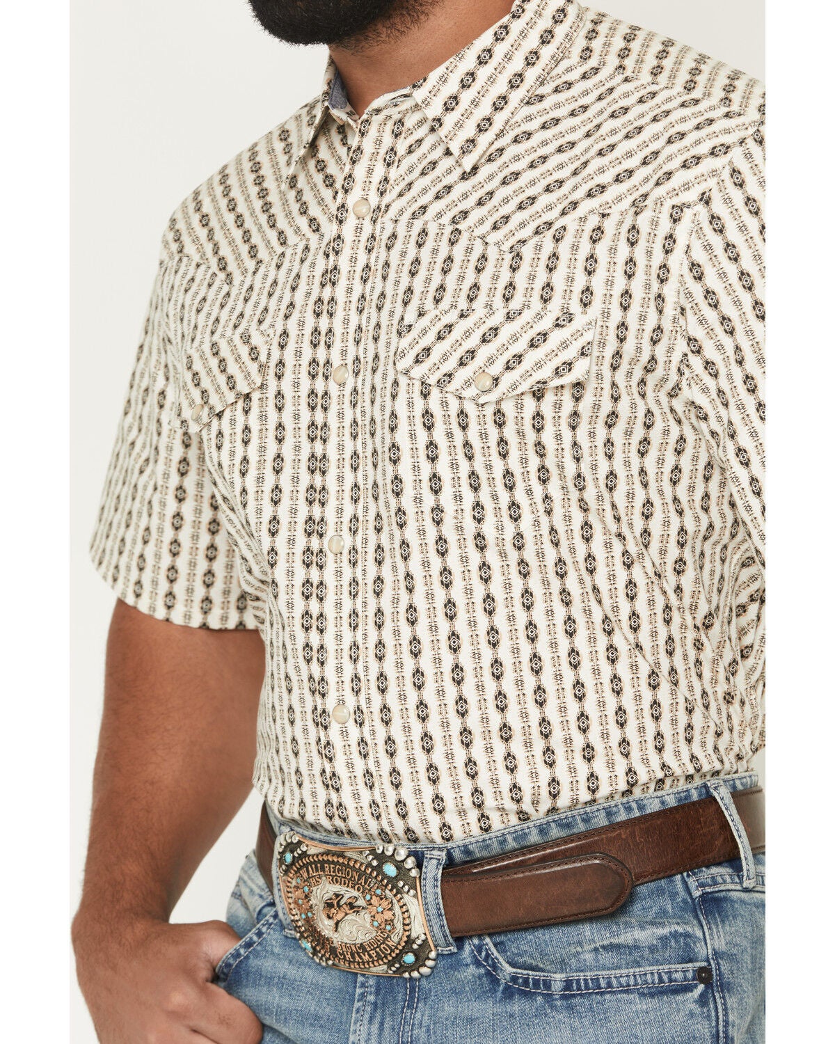 Image #3 - RANK 45&reg; Men's Eye In The Sky Geo Stripe Print Short Sleeve Snap Stretch Western Shirt, Ivory, hi-res