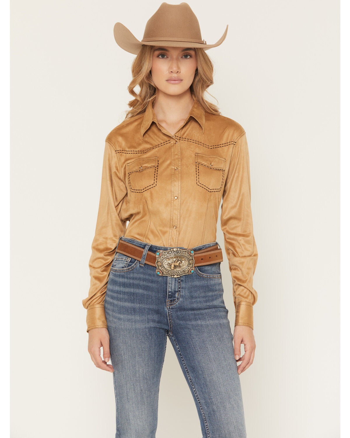 Image #1 - Cowgirl Hardware Women's Faux Suede Long Sleeve Snap Stretch Western Shirt, Tan, hi-res