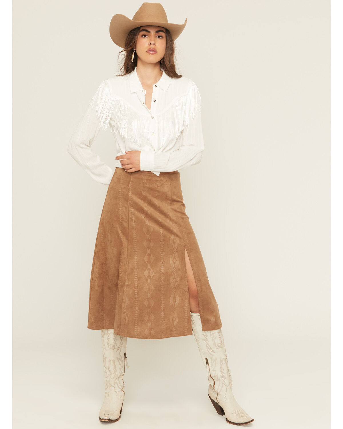 Image #1 - Shyanne Women's Embossed Southwestern Print Faux Suede Mini Skirt, Coffee, hi-res