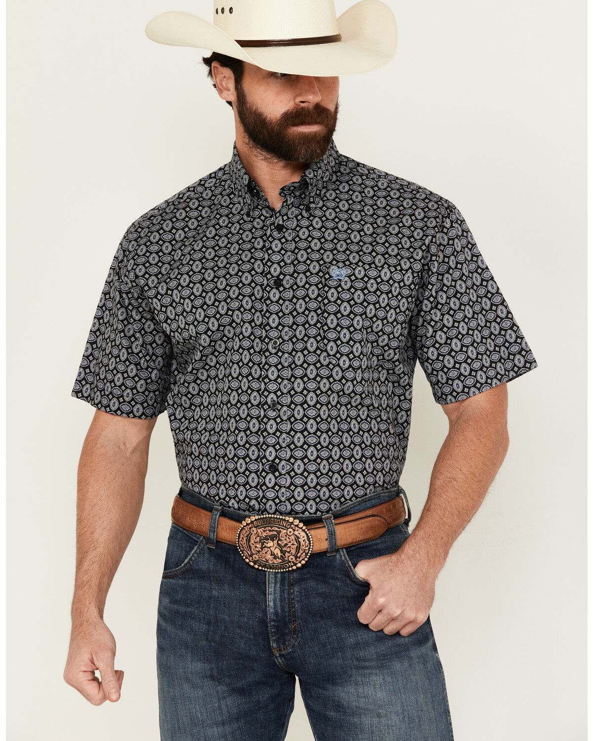 Image #1 - Cinch Men's Medallion Print Short Sleeve Button-Down Western Shirt, Black, hi-res