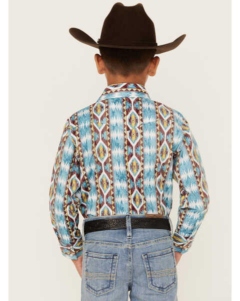 Image #4 - Wrangler Boys' Checotah Southwestern Striped Long Sleeve Pearl Snap Western Shirt, Blue, hi-res