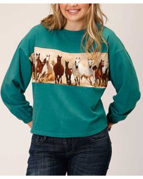 Roper Women's Micro French Terry Sweatshirt , Turquoise, hi-res