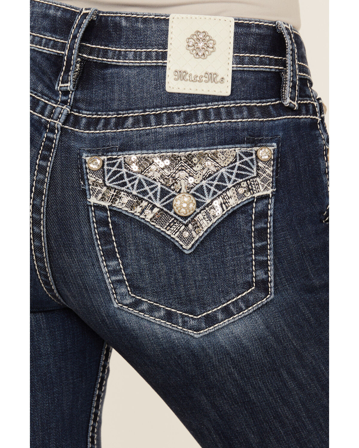 Image #2 - Miss Me Women's Dark Wash Mid Rise Faux Flap Pocket Bootcut Stretch Denim Jeans, Dark Wash, hi-res