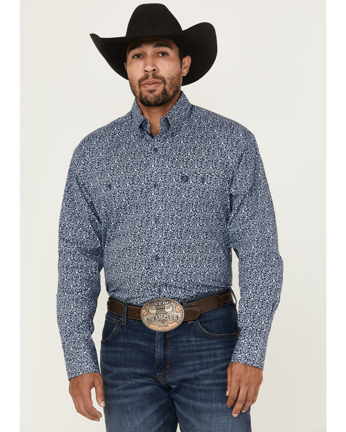 Image #1 - George Strait by Wrangler Men's Floral Print Long Sleeve Button-Down Stretch Western Shirt, Blue, hi-res