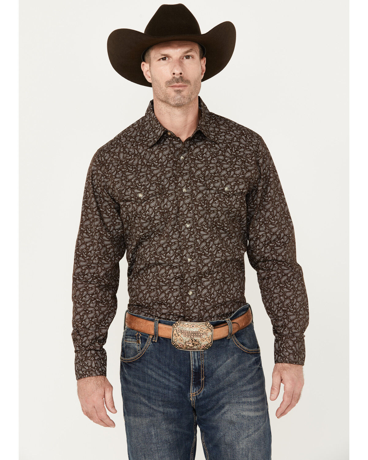 Image #1 - Wrangler Retro Men's Premium Paisley Print Long Sleeve Snap Western Shirt, Brown, hi-res