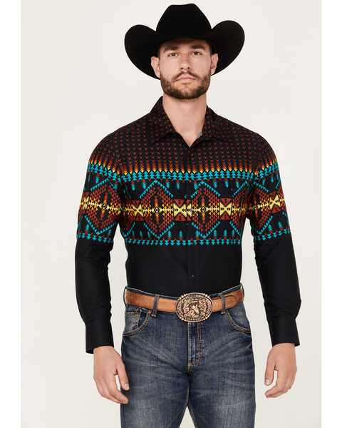 Image #1 - Rock & Roll Denim Men's Southwestern Print Stretch Long Sleeve Snap Western Shirt, Black, hi-res