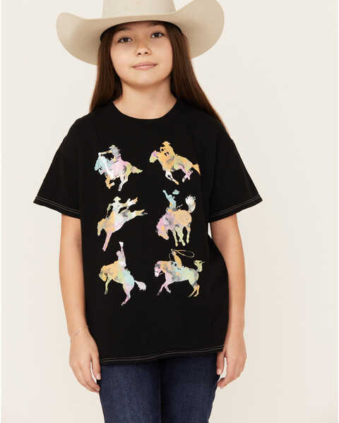 Image #1 - American Highway Girls' Running Horse Metallic Short Sleeve Graphic Tee, Black, hi-res