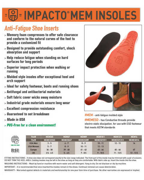 Image #3 - Impacto Anti-Fatigue Memory Foam Insoles - Men's Size 10-11, Black/orange, hi-res