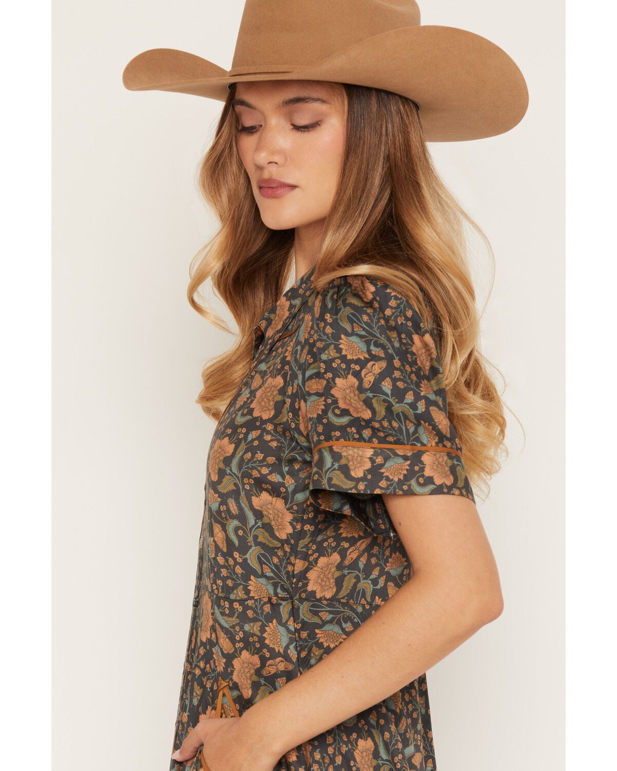Image #2 - Sendero Provisions Women's La Dahlia Floral Print Short Sleeve Snap Midi Dress, Rust Copper, hi-res