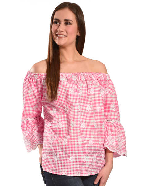 New Direction Sport Women's Embroidered Gingham Off-The-Shoulder Top, Pink, hi-res